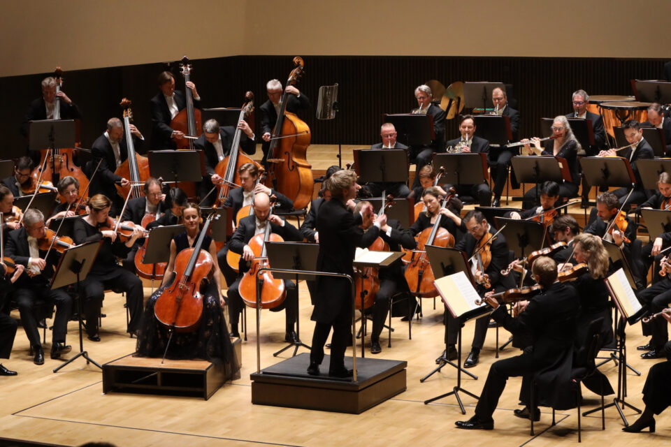 Blick auf eine Bühne auf der ein klassisches Orchester spielt. Der Dirigent steht auf einem Pult und ist von hinten zu sehen